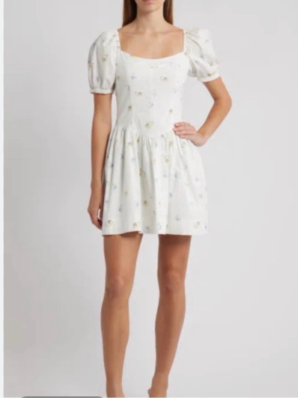 Wayf White Mini Dress with Pastel Fan Print